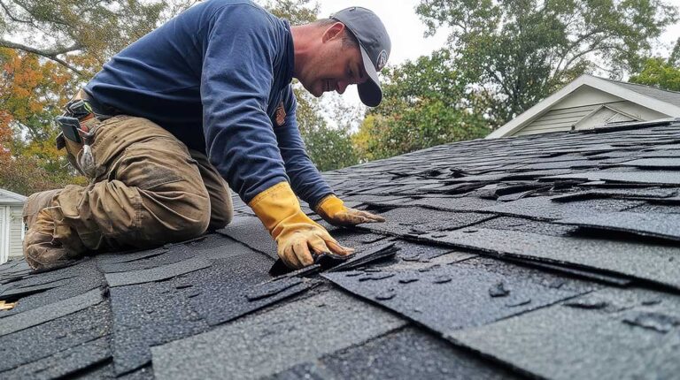 Homeowner inspecting roof shingles and gutters from the ground beside a two-story house in autumn.