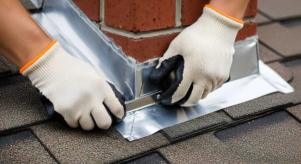 Homeowner inspecting roof shingles from a ladder while wearing work gloves and slip-resistant shoes.